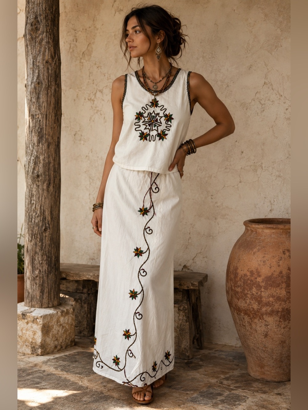 Vintage  FREE PEOPLE Inspo Embroidered Two Piece Maxi Skirt Set Folk Bohemian